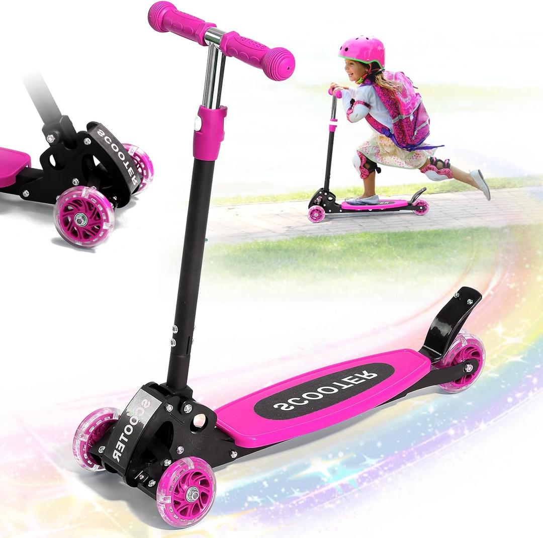 Kick Scooter for Kids 3-7 Ages - Light Up 3 Wheel Scooters,Lean-to-Steer,Three Adjustable Height Scooter for Kids, Wide Dual Rear Wheels,Safe Stable Ride for 3-5,5-7 Year Old Girl Boy Kid