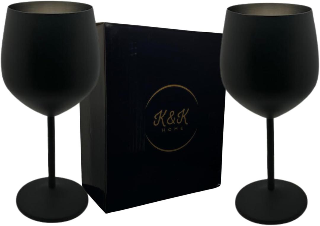 K&K Home Black Matte Stainless Steel Unbreakable Black Wine Glasses - 18 oz - Set of 2 Colored, Stemmed Metal Wine Glasses Perfect for Outdoors, Weddings, and Parties
