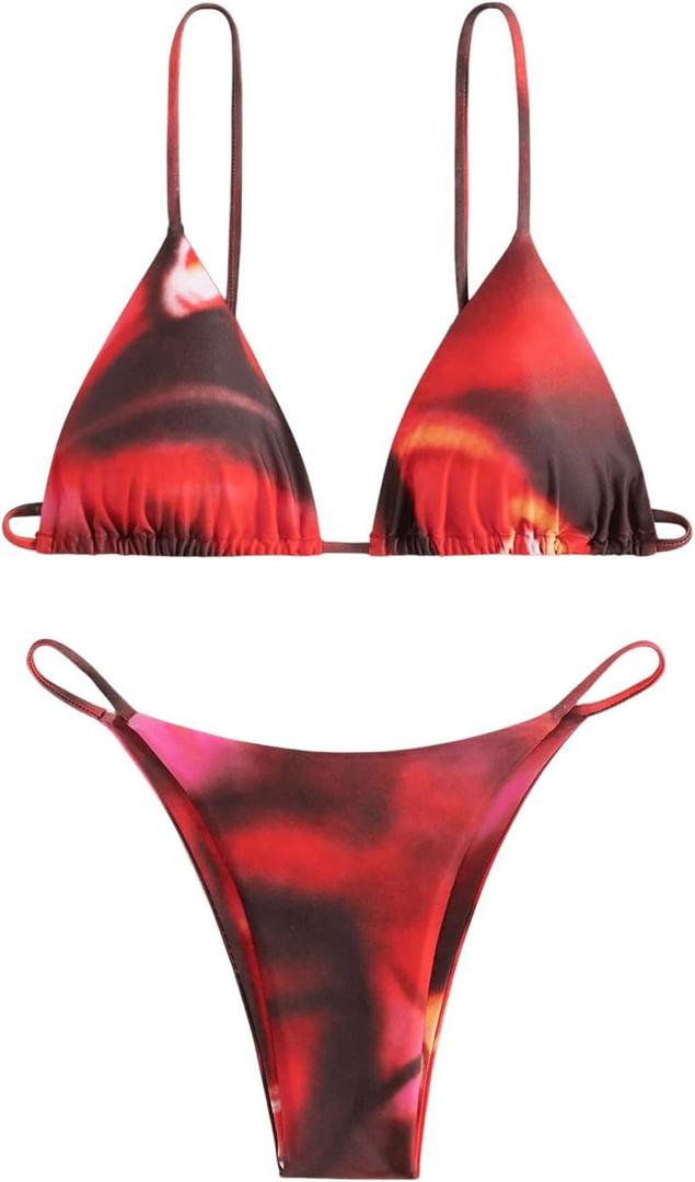 WDIRARA Women's 2 Piece Tie Dye Triangle Bikini Sets Spaghetti Strap Swimsuit Bathing Suit (Red, S)