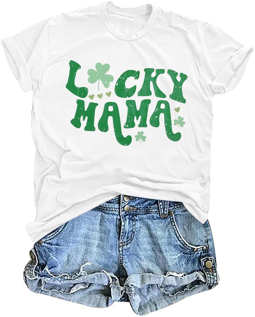 St Patricks Day Shirt Women Lucky Mama Tshirt Cute Clover Graphic Short Sleeve Shamrock Tee Tops, XXL, White