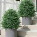 27'' Artificial Topiary Plants for Outdoor 2 Pack Artificial Topiary Trees with Stable Metal Ground Spike Fake Bushes Shrubs for Outside Garden Front Porch Landscape Walkway, Green Cedar