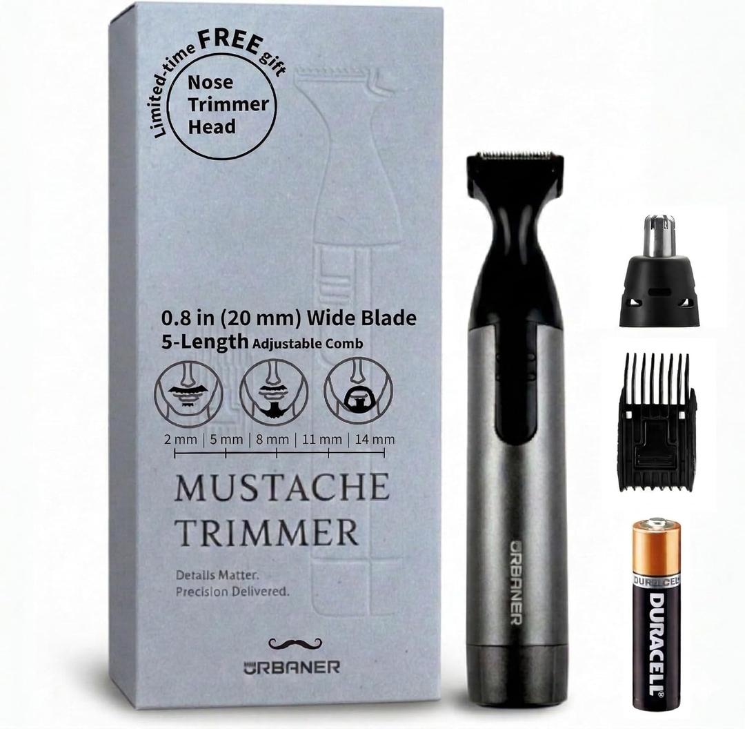 URBANER Mustache Trimmer with Nose & Ear Trimmer Attachment, 0.8" Precision Blade, IPX8 Waterproof, Adjustable 0.08"0.55", Japanese Motor Beard Trimmer for Men