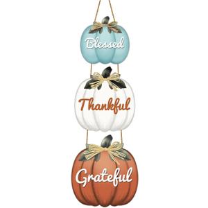 Fall Door Decor Pumpkin Wall Decor with Raffia Bow Thanksgiving Wreath Blessed Grateful Thankful Sign Wooden Front Door Hanger for Harvest Thanksgiving Porch Indoor Outdoor Home Decorations
