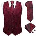 Dubulle Black Red Suit Vest Tie Set Mens Paisley Floral Silk V-neck Waistcoats for Men with Necktie Wedding Tuxedo, XL