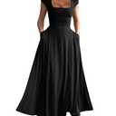 YMDUCH Women's Casual Short Sleeve Square Neck Solid Slim Flowy Maxi Dress with Pockets Black, Size M