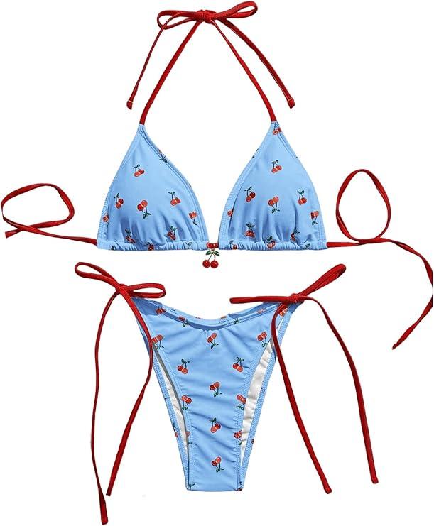 WDIRARA Women's 2 Piece Swimsuit Cherry Print Bikini Set Halter Triangle Bikini Side Tie String Bathing Suits. L
