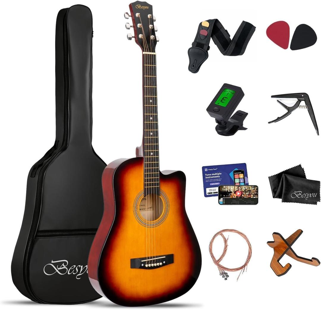 38 Inch Sunburst Acoustic Guitar Beginner Kits, 3/4 Cutaway Wood Acustica Guitarra for Beginners Adults with Online Lesson,Gig Bag,Picks,Steel Strings Strap with Picks Holder
