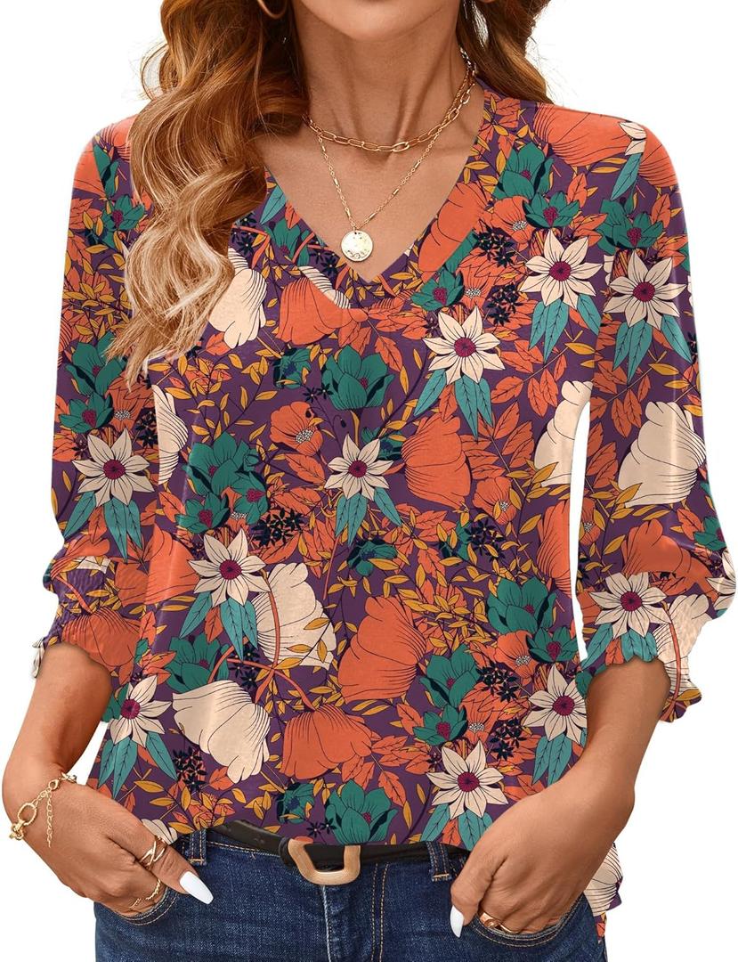 AKEWEI 3/4 Length Sleeve Womens Tops Summer Fashion V Neck Business Casual Blouses Smocked Shirts, XL