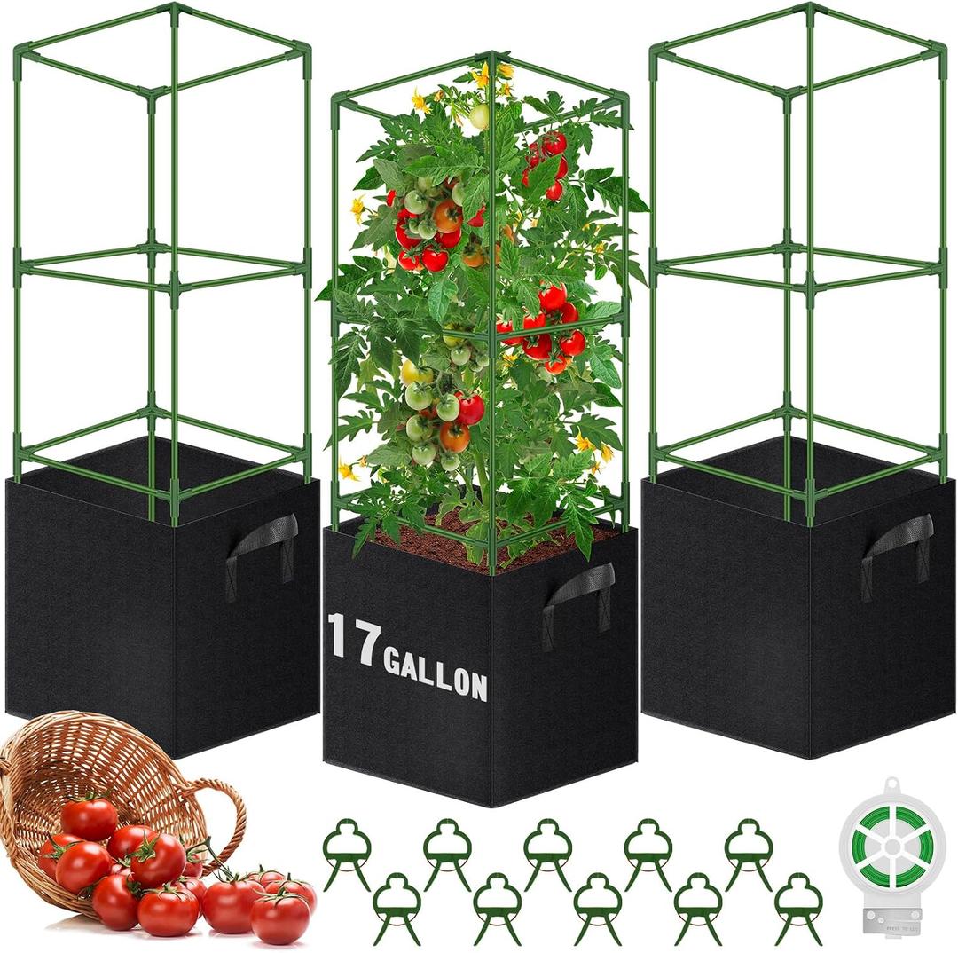 WLLEYAY 3 Pack 46'' Square Tomato Cages with 17 Gallon Grow Bags | Upgraded Heavy Duty Steel Garden Plant Support Stakes Kit, Flowers Vegetable Trellis for Vertical Climbing Plants Vines