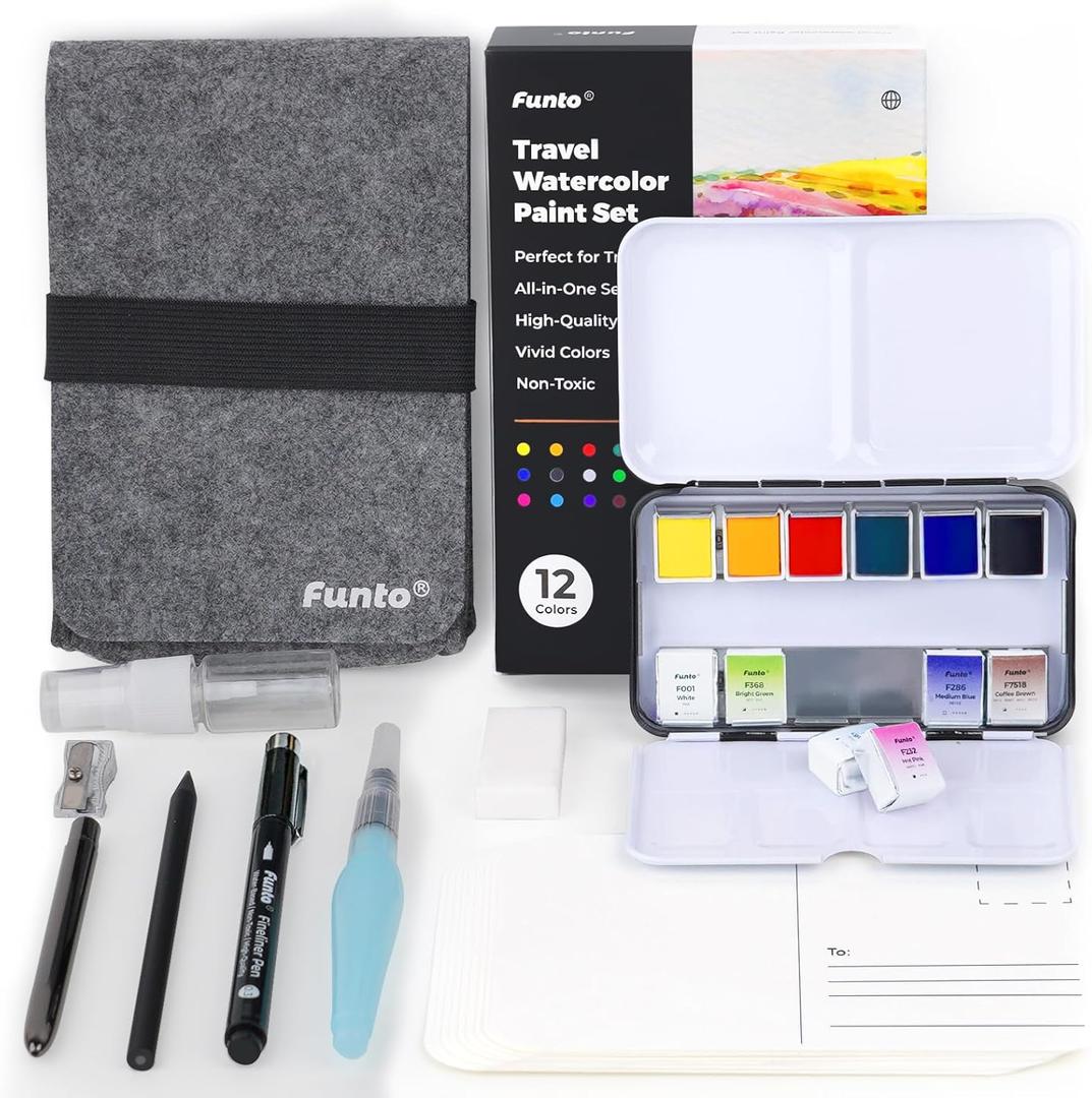 Funto Travel Watercolor Set, 12-Color Paint, 10 Premium Postcards, Brush, Brush Pen, Fineliner, Pencil, Painting Set for Adults, Beginner, and Artists