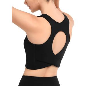 Yvette Comfortable Yoga Sports Bra Scoop Neck with Built-in Bra and Round Back Cutout Workout Top (Medium, Black)