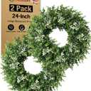 2 Pack 24'' Boxwood Wreaths for Front Door, Artificial Eucalyptus Wreath | Faux Eucalyptus Leaves with Seeds, Waterproof & No Fade, Fake Greenery Outdoor Wreath,Farmhouse,Home,All Seasons