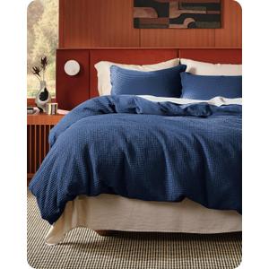 Bedsure Cotton Duvet Cover Queen - 100% Cotton Waffle Weave Navy Blue Duvet Cover Queen Size, PureWoven Breathable Bedding Set for All Season, 3 Pieces, 90"x90"