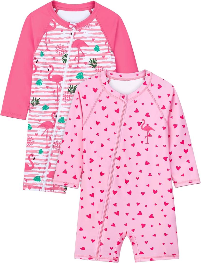 2 Pack Toddler Baby Girls One Piece Rash Guards Baby Kid UPF 50+ Long-Sleeve Dry Fit Zip Swimsuit for Summer Beach (18-24 Months)