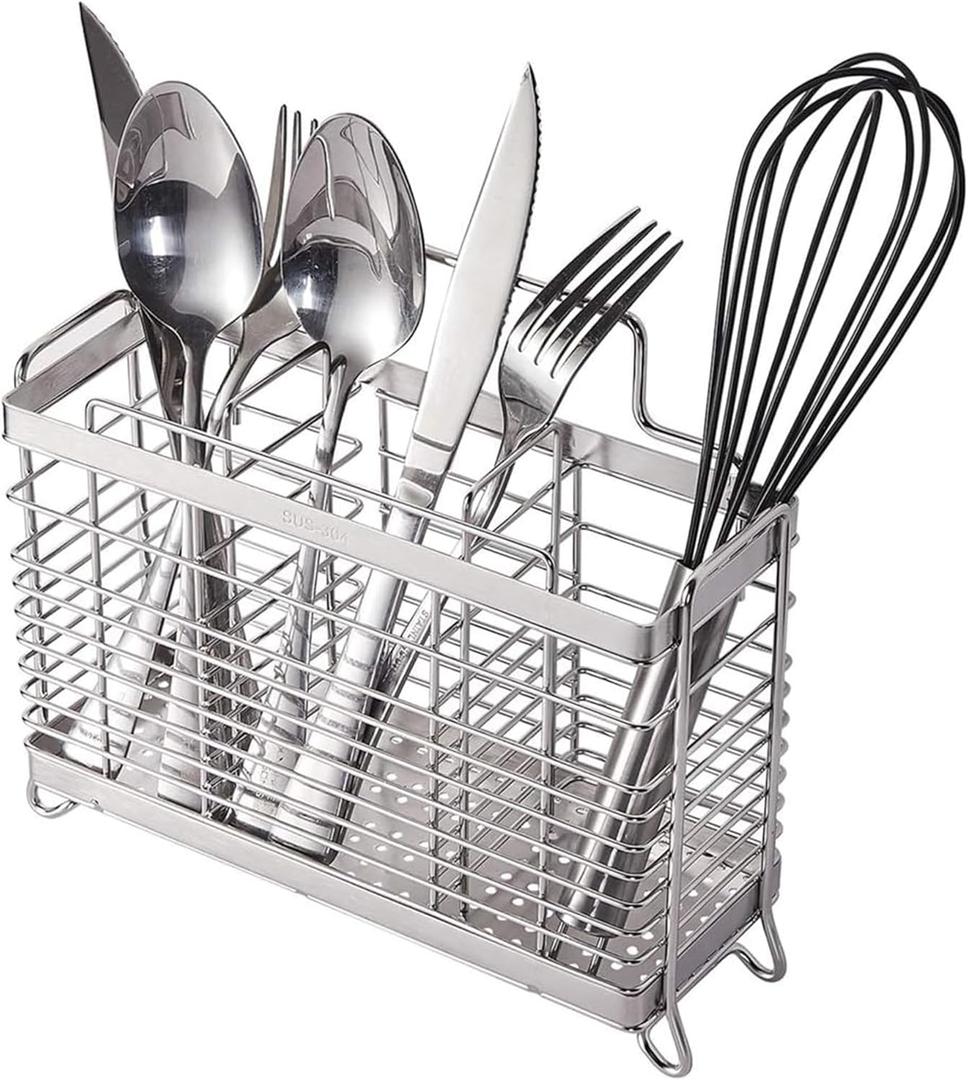 KESOL Stainless Steel Utensil Holder, Utensil Drying Rack with 3 Divided Compartments, Rust-Resistant Utensil Drying Basket, Silverware Drying Basket, Utensil Drainer for Dish Rack (Mesh Grid Pattern)