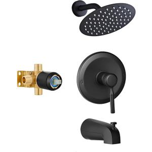 HUCKLE Tub Shower Faucet Set, 8-Inch Round Rain Shower Head and Tub Spout, Bathtub Faucet Set Complete, Single Handle Bathroom Set Faucet with Female Threads Valve Body Included, Black