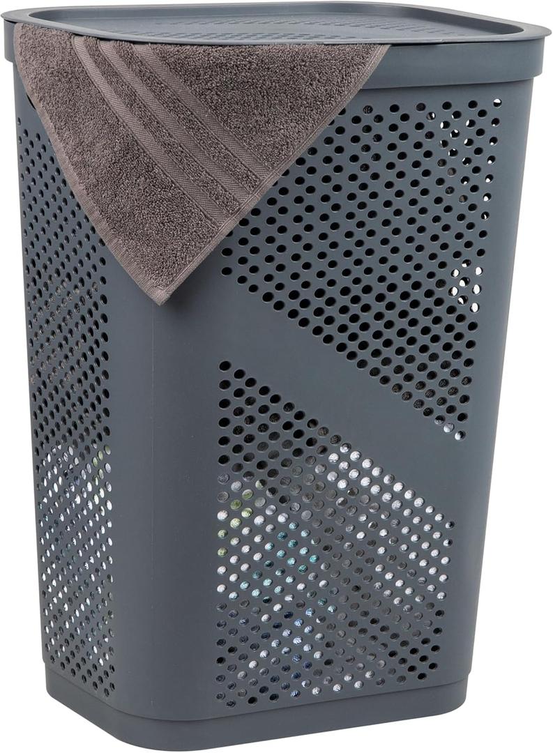 Mind Reader Slim Laundry Hamper with Lid, 60L Clothes Basket, Ventilated Plastic, Gray, Single