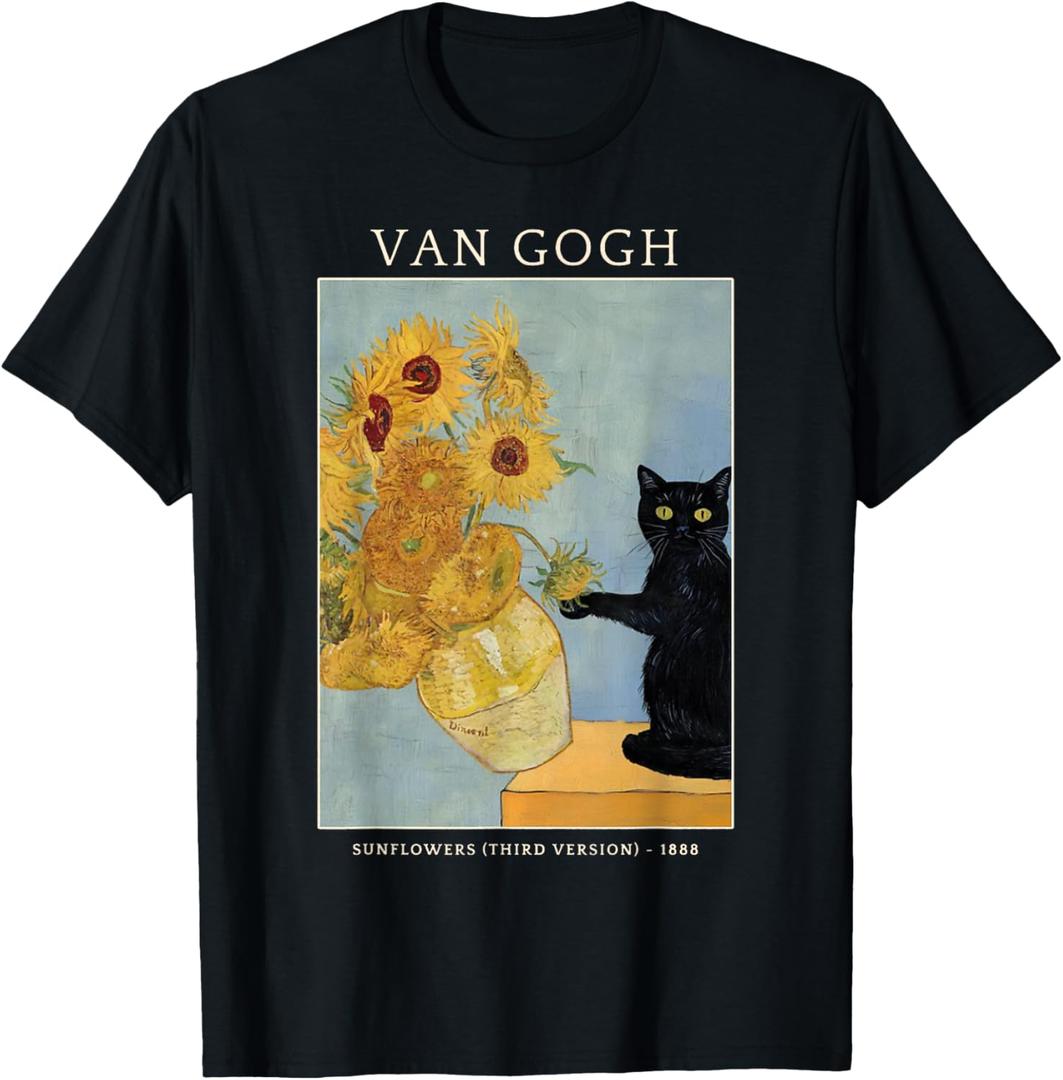 Funny Cat & Sunflowers Van Gogh Art Parody Vintage T-Shirt. 2XL Size