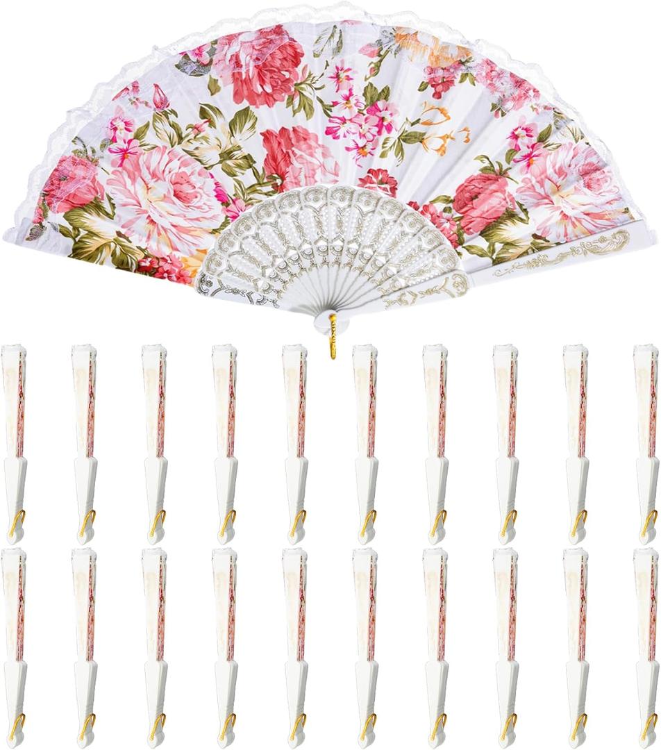QIRMIZI 20 Pack Large Folding Silk Hand Fans - Elegant Chinese Rave Fan, Handheld Renaissance Fan for Festival, Dance, and Decorations, White