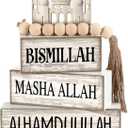 Lineshading 5 Pcs Islamic Table Decor Farmhouse Wooden Mosques Eid Ramadan Tiered Tray Decor White Stacked Books with Wood Bead Tassels Eid Ramadan Block Signs Islamic Decoration for Home Kitchen
