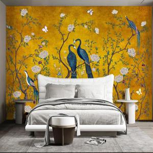 Golden Chinese Style Flowers Birds Large wall murals Peel and Stick Wallpaper for Bedroom Living Room - 85"x118"