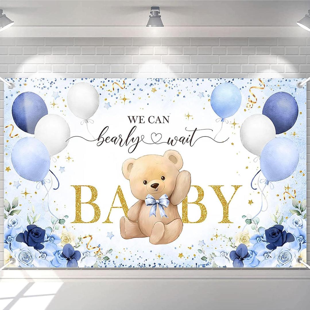 Avezano Bear Baby Shower Backdrop for Boy Blue Flower Balloons We can Bearly Wait Party Banner Bear Baby Shower Party Decorations Banner (6x3.6ft)