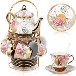 Zhehao 20 Pcs Porcelain Tea Set with Metal Holder and Spoon Adult Ceramic Tea Set European Flower Painting Teapot Cup Saucer Spoon for Women, Large Version (Bright Style)