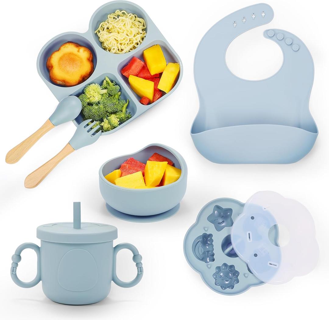 Silicone Baby Feeding Set, Baby Led Weaning Supplies, Baby Food Tableware Silicone Suction Plate, Bowl, Spoons, Fork, Waterproof Bib, Cup & Complementary Food Cake Mold, Baby Eating Utensils (Light Blue)