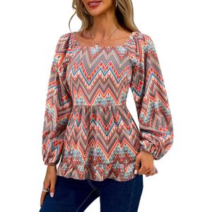 Womens Square Neck Floral Long Sleeve Tops Casual Loose Puff Sleeve Boho Work Blouse T Shirts (Small, C1003)