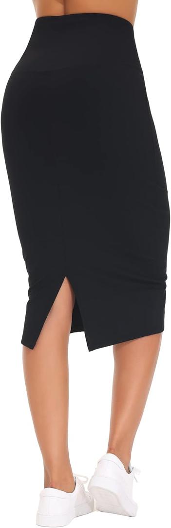 THE GYM PEOPLE Women's High Waist Tummy Control Pencil Skirts Stretchy Bodycon Midi Skirt Below Knee with Back Slit (Black)