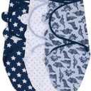 The Peanutshell Baby Swaddle Blankets Set of 3 - Baby Boy Sleep Sack for Newborn, Newborns Sack 0-3, 3-6 Month Swaddles, Soft & Breathable Cotton - Blue Dinosaur (M/L)