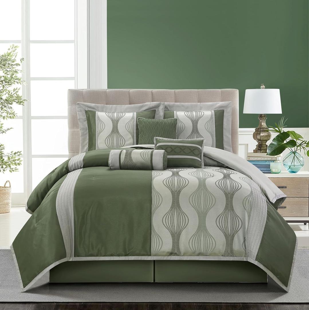 Stratford Park 7 Piece Green Comforter Set, King Size Jacquard Bedding Set, All Season Geometric Patchwork Bedding Set, Matching Pillows, Shams, Bed Skirt Stratford Park 7 Piece Green Comforter Set, King Size Jacquard Bedding Set, All Season Geometric Patchwork Bedding Set, Matching Pillows, Shams, Bed Skirt