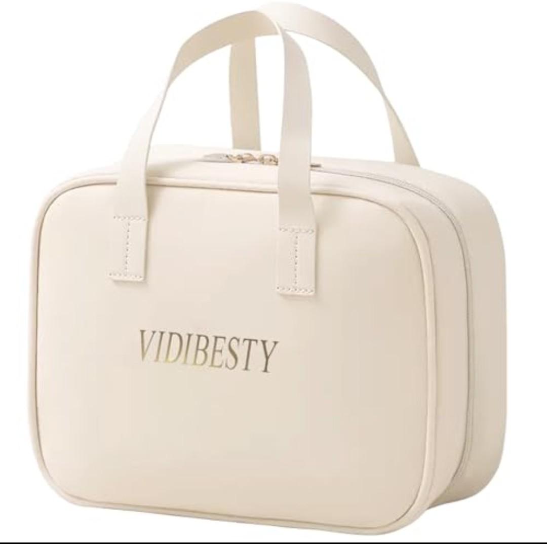 VIDIBESTY Travel Makeup Bag Skin-feel Leather, Large Capacity Cosmetic case for Women, Waterproof Portable Make up Organizer with Divider and Handle for Toiletries, Beauty Essentials (Beige)