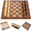 Folding Storage Wooden Chess Board Sets - 3 in 1 Chess Board Game for Adults and Kids (Backgammon, Checkers), Exquisite Wooden Chess Set