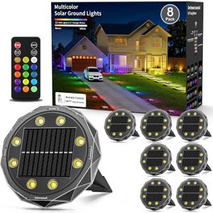 Solar Ground Lights with Remote Control 50ft,IP67 Waterproof Solar Garden 15 Multi Color Lights,RGBYW Solar Powered Outdoor Landscape Lighting for Pathway,Yard,Deck,Lawn,Patio,Walkway,Poolside,8 Pack (Black)