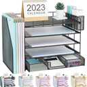 Desk Organizer with File Holder, 5-tier Paper Letter Tray File Organizer with Drawer and Pen Holder, Mesh Desktop Office Organization and Storage for School Home Office Supplies(Black)