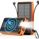 Portable Charger Solar Power Bank 52800mAh 5V/3A Fast Charging Battery Pack with Built in 4 Cables 2 Outputs & LED Flashlight for Cell Phone Camping and Hiking (Orange)