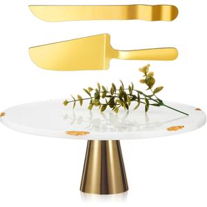 Lallisa 12 Inch Marble Wedding Cake Stand with Golden Knife and Spatula Gold Cake Stand Marble Pedestal Serving Stand Round Dessert Display for Weddings, Showers, Anniversaries, Parties, Home