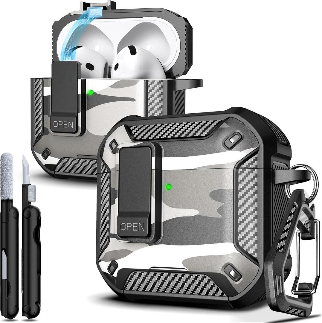 R-fun for AirPods 4 Case with Cleaning Kit, Carbon Fiber Elements Military Drop Proof Auto Pop up Cover, Phone Stand and Magnetic Base with Carabiner Hook Compatible with AirPods 4th Gen 2024, Snow Camo