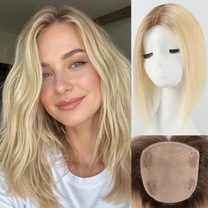 HAIRCUBE 12 inch Hair Toppers for Women 5"*5.5" Large Base ombre Light Blonde Real Human Hair Topper No Bangs Hair Toppers for Women with Thinning Hair Cover Gray Roots Add Volume