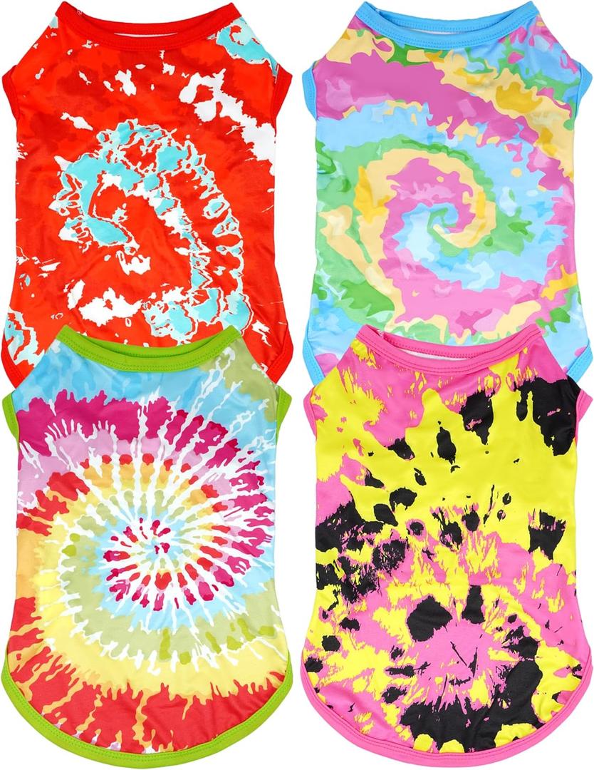 4Pcs/Pack Tie Dye Dog Shirts for Small Dogs Summer Girl Female Boy Male Pink Green Blue Puppies Doggies Sleeveless Tank Top Tee Clothes Vest Pet Apparel Streetwear Stretchable Outfit S
