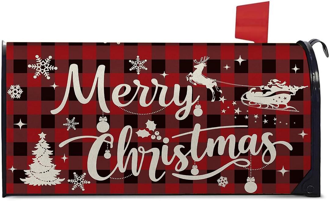 Christmas Mailbox Covers Buffalo Plaid Santa Letter Box Cove Magnetic Waterproof Mail Wraps for Outdoor Yard Garden Oversized Winter Mailbox Decor-25.5"x21"
