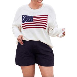 MakeMeChic Women's Plus Size American Flag Sweater Long Sleeve Crew Neck Knitted Fall Sweaters (X-Large Plus, White)