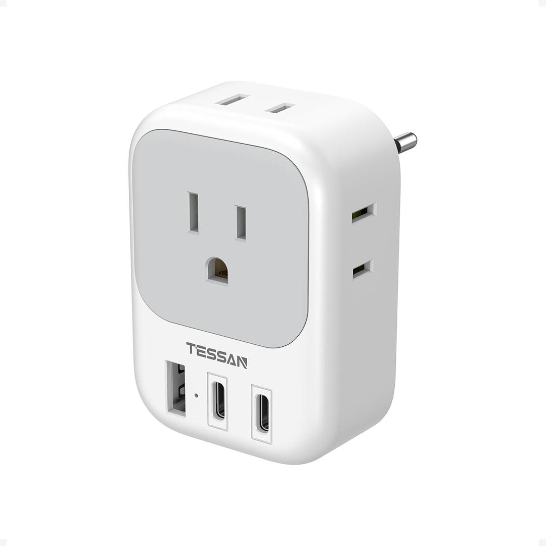 European Travel Plug Adapter, TESSAN US to Europe Plug Adapter with 2 USB C 1 USB A Port and 4 AC Outlets, Type C Plug Adaptor for EU Italy Spain France Portugal Iceland Greece Germany Turkey Denmark