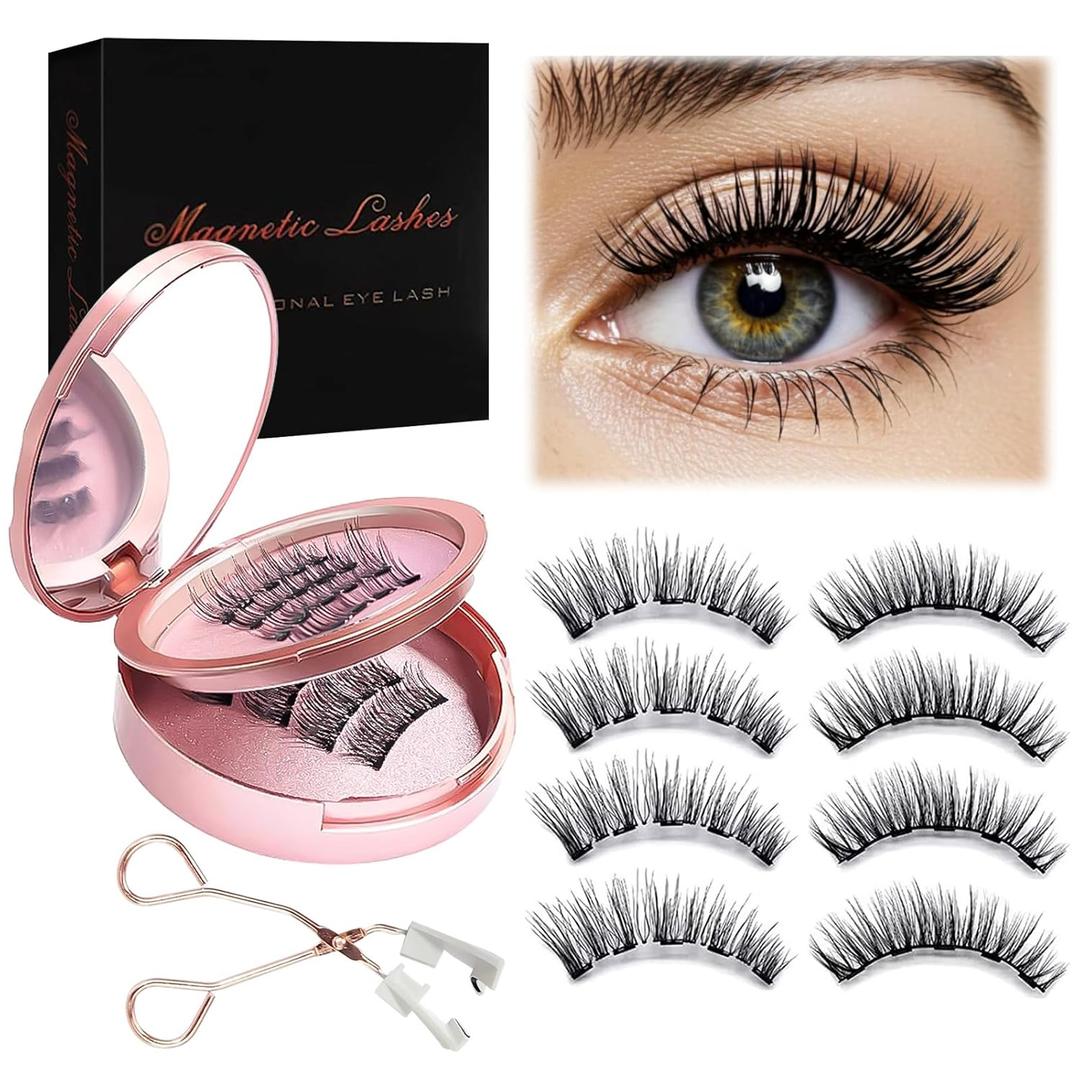 Magnetic Eyelashes, 4 Pairs Reusable Magnetic Lashes with Applicator Natural Look, Easy to Wear & No Glue Needed