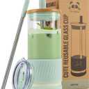 Pandaloo Glass Cups With Lids and Straws -20 Fl Oz- Perfect Size Iced Coffee Cup - Smoothie Cup With Bamboo Lid and On the go Lid (Sweet Sage, 1 Count (Pack of 1)