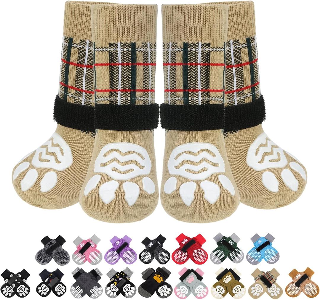 PUPTECK Anti Slip Dog Socks 2 Pairs with Double Grippers for Hardwood Floors, Shoes for Hot/Cold Pavement, Boots & Paws Protectors to Prevent Licking, Traction Booties for Senior Small Large Dogs (Beige(Plaid))