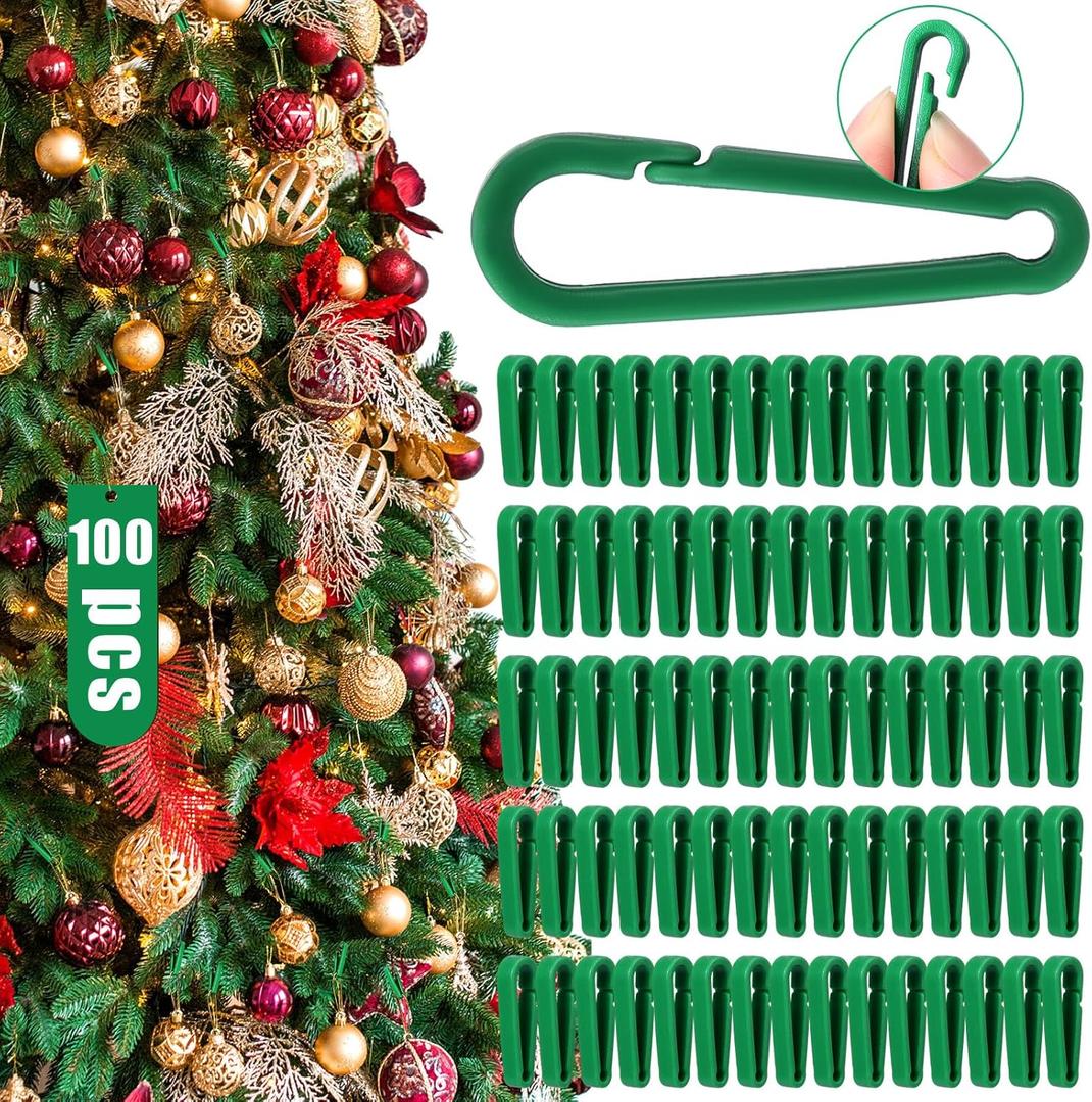 100 Pcs Christmas Mini Plastic Ornament Hooks for Christmas Tree Decoration Small Green Safety Locking Hangers Clips Pet Proof for Hanging Light Bulbs Balls Holiday Hanging Party Decor