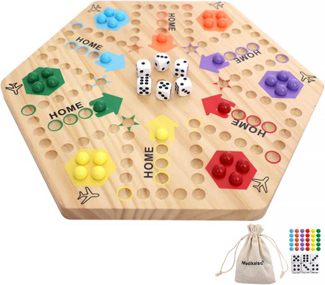 Original Marble Game Wahoo Board Game Double Sided Painted Wooden Fast Track Board Game for 6 and 4 Players 6 Colors 24 Marbles 6 Dice for Family Friends (Small Log)