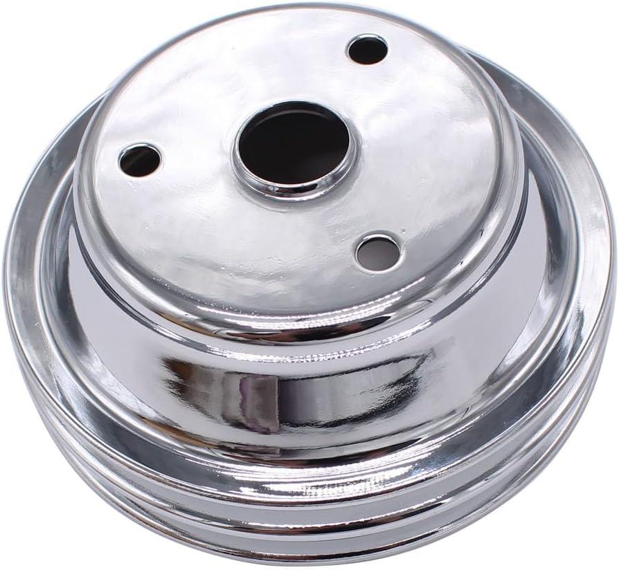 1 PC SHLPDFM Crankshaft Pulley Chrome Polished Silver Steel Double-Groove LWP Long Water Pump Compatible with Small Block Chevy SBC 262 265 267 283 302 305 307 327 350 400